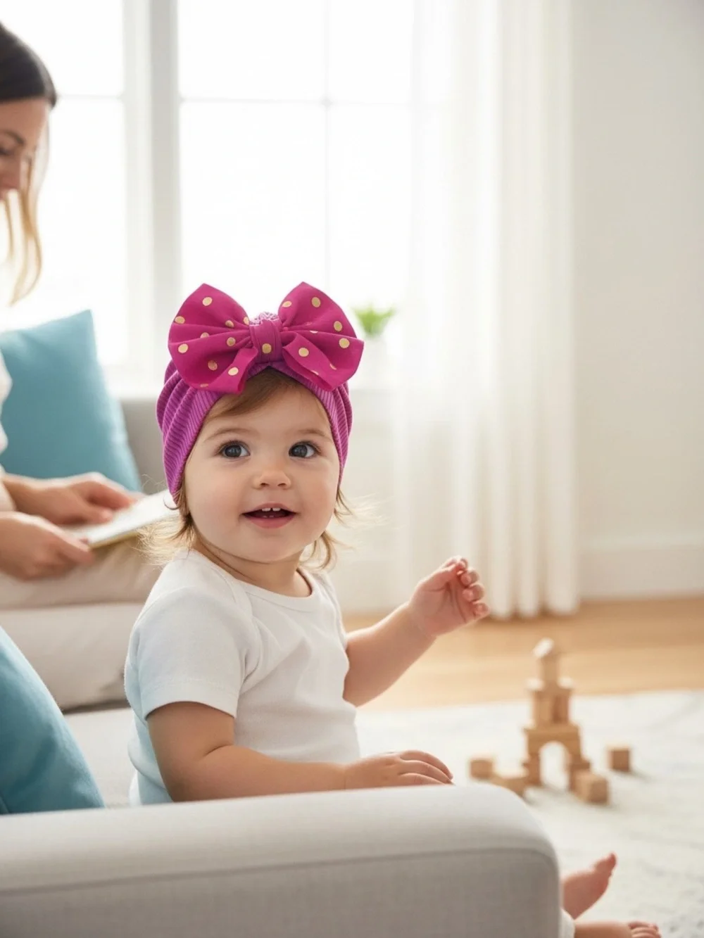 Magenta Pink Ribbed Baby Turban Gold Polka Dot Bow Headband